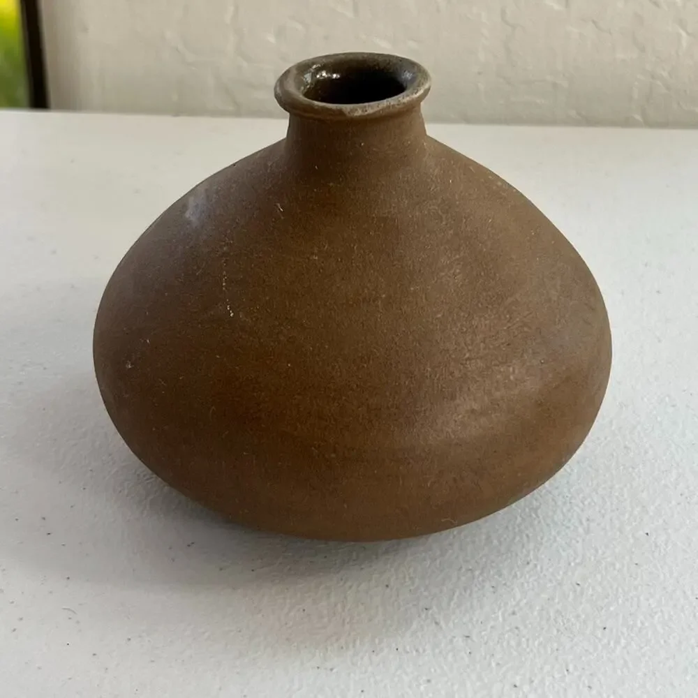 Handmade Vase Clay Brown Round Flat 1989 Signed MKS Vintage